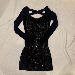 SROK LUXE Black Sequin Long Sleeve Criss Cross Back Mini Dress XS